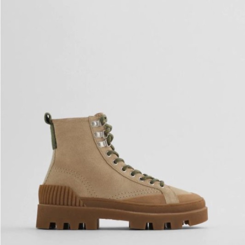 Zara Suede Leather Lug Sole Lace Up Boots